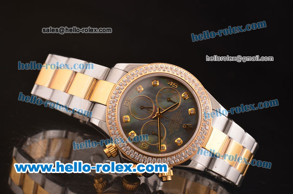 Rolex Daytona Swiss Valjoux 7750 Automatic Two Tone with Diamond Bezel and Black MOP Dial - Click Image to Close